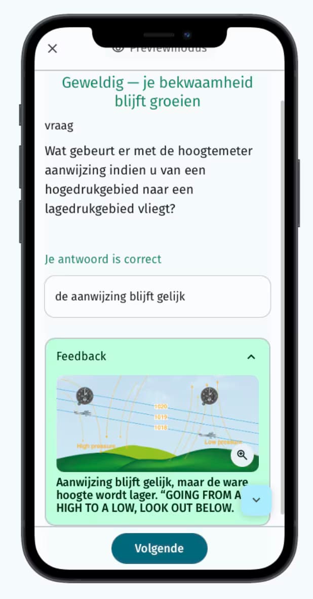 Vue mobile de Drillster affichant un feedback visuel pour une question d'altimetre de Vliegschool Hilversum