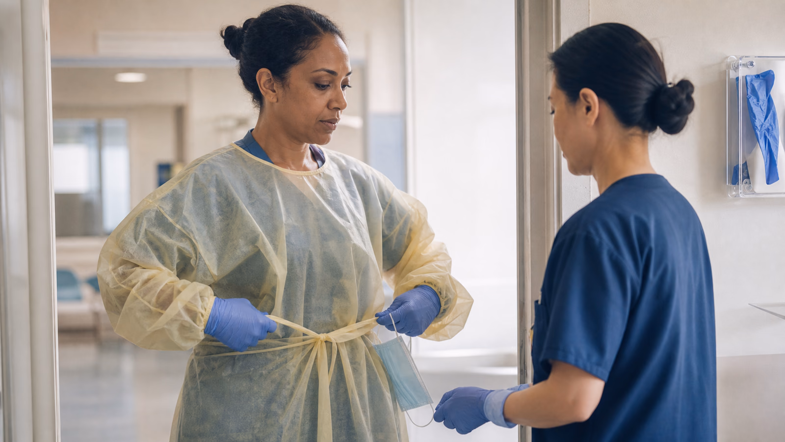 Two ward nurses confirm isolation protective equipment before entering a patient room