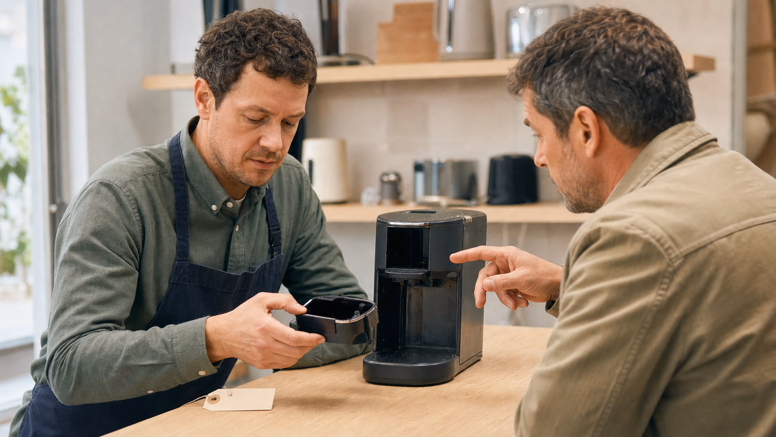 After-sales adviser inspecting a returned coffee machine while listening to a customer at a service counter