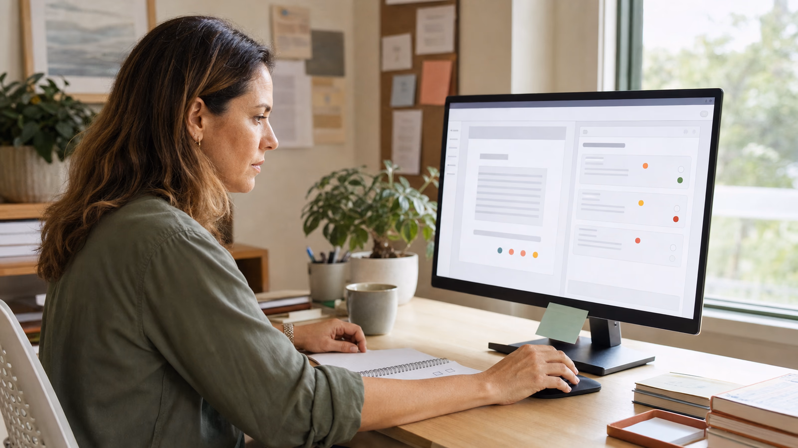 Instructional designer reviewing AI-generated questions and feedback on a desktop computer