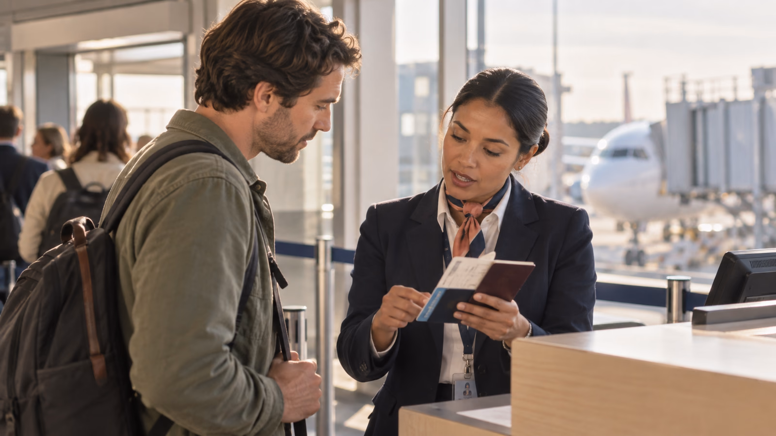Airport passenger-service agent checking a traveler's passport and boarding document before boarding