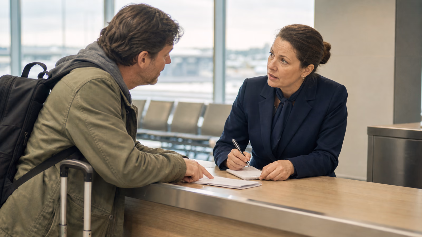 An airline agent listens to a traveler at an airport rebooking counter, with a journey paper and carry-on suitcase beside him