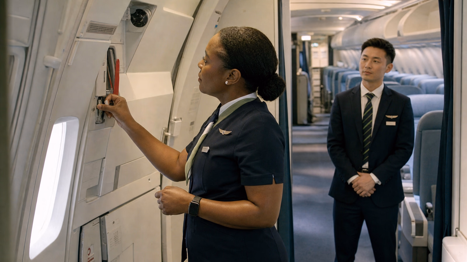 Tripulante de cabina realizando bajo supervisión una comprobación previa al vuelo de la puerta de un avión mientras un compañero verifica el resultado