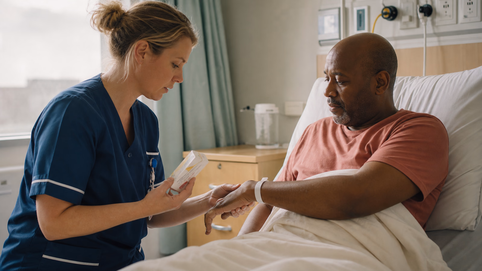 Vrouwelijke ziekenhuisverpleegkundige die aan het bed de gegevens op een medicijnverpakking vergelijkt met het polsbandje van een mannelijke patiënt