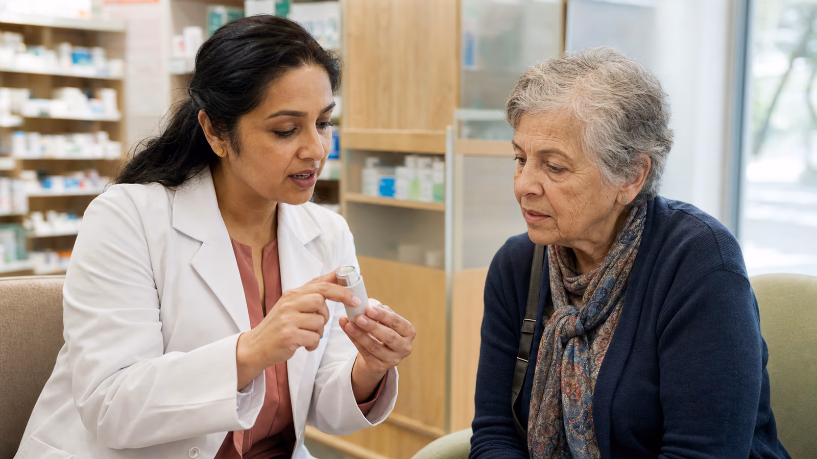Community pharmacist demonstrating inhaler technique to an older customer during a consultation