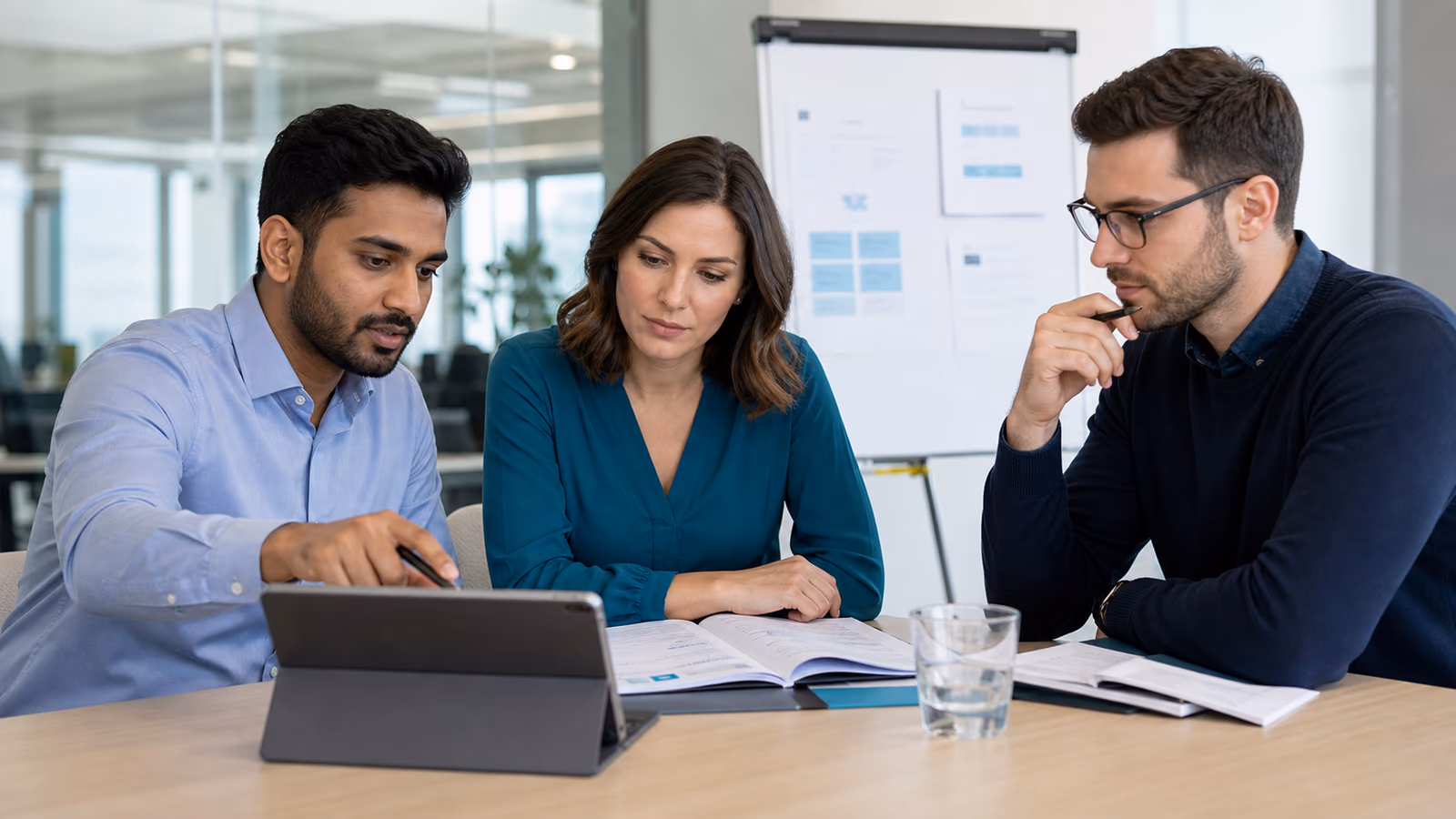 Corporate training group reviewing procedure materials in a meeting room