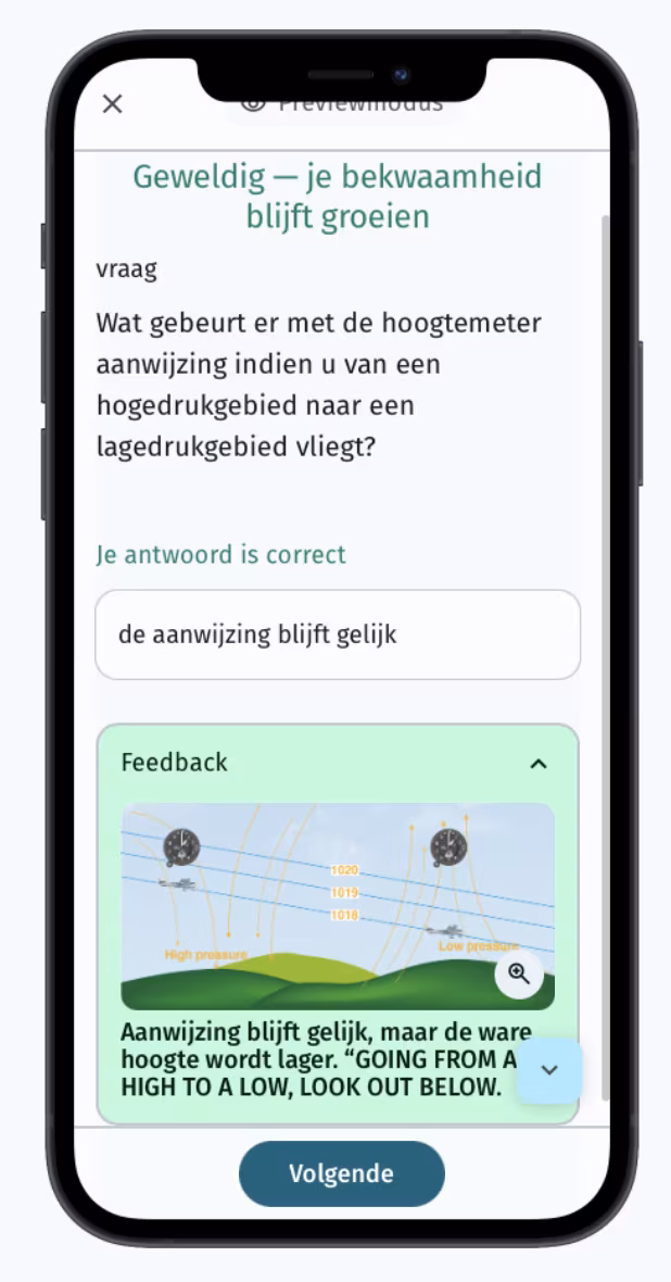 Drillster phone view showing visual feedback for a Vliegschool Hilversum altimeter question