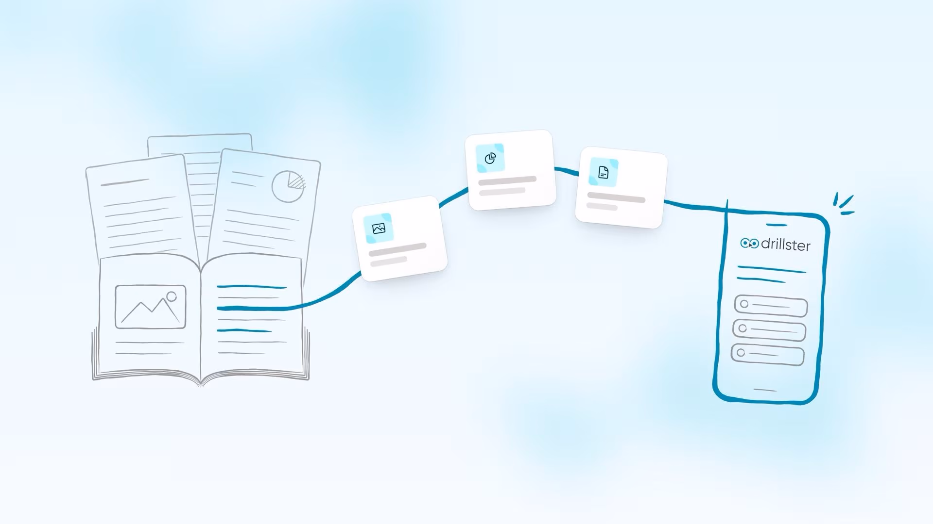 Des documents sources et des cartes d’apprentissage reliés à un quiz Drillster sur un téléphone.