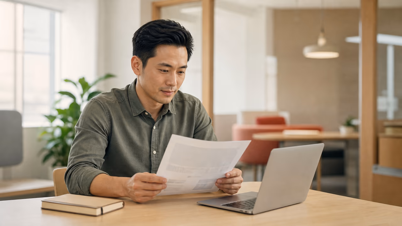 Kantoormedewerker bekijkt een rapport naast een laptop