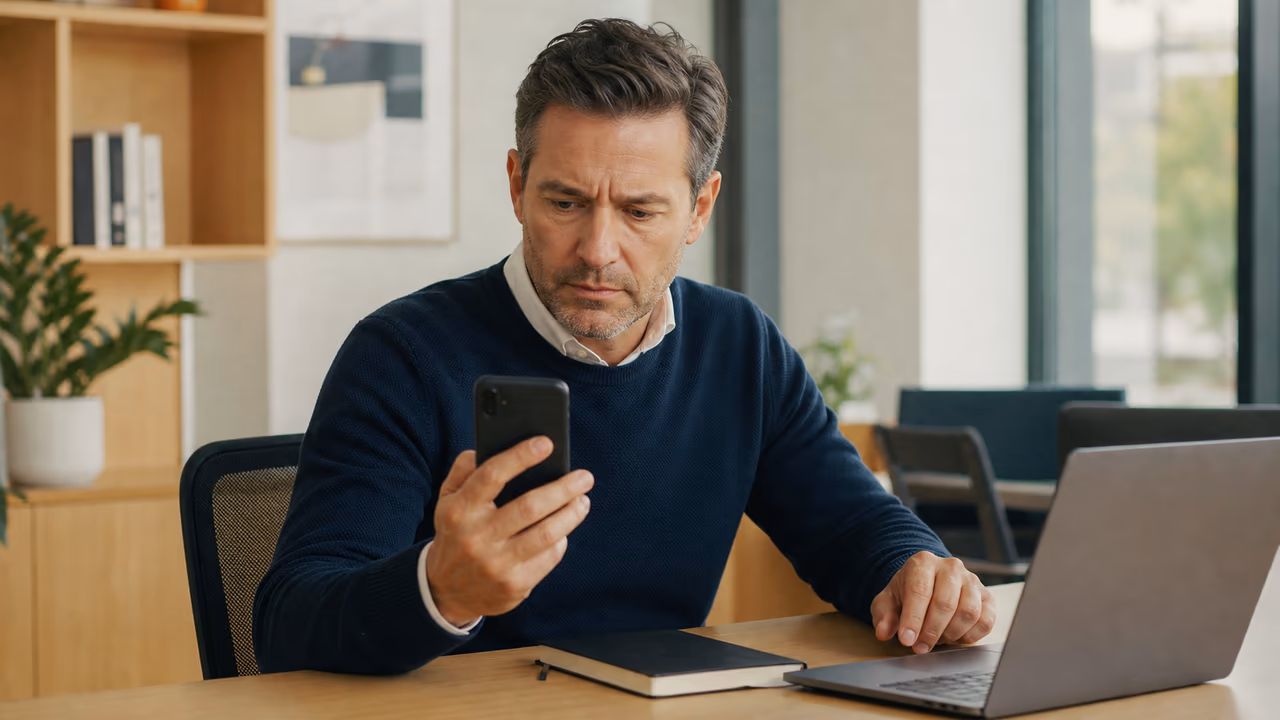 Office employee checking an unexpected login request on a phone